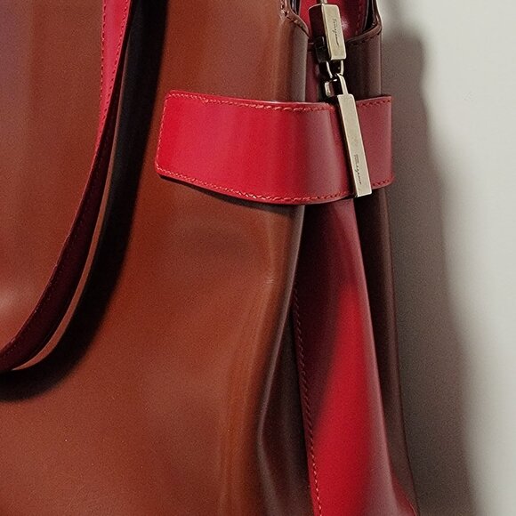 Salvatore Ferragamo Patent Leather Tote Purse Cognac Burgundy Red Gold Crossbody - Picture 8 of 17